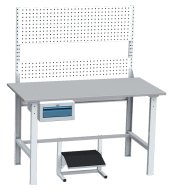 Regulowany stół montażowy MTS 101 z podwieszanym kontenerem i tablicą perforowaną – szer. 1500 mm, wys. 1700-1980 mm, zestaw MTS 101