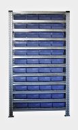 Bezśrubowy metalowy regał półkowy 1972 x 1124 x 330 mm ze skrzynkami 100 x 230 mm - 44 szt. (różne warianty)