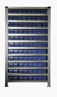 Bezśrubowy metalowy regał półkowy 1972 x 1124 x 410 mm ze skrzynkami 100 x 115 x 400 mm - 88 szt - 1