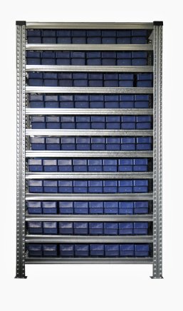 Bezśrubowy metalowy regał półkowy 1972 x 1124 x 410 mm ze skrzynkami 100 x 115 x 400 mm - 88 szt - 1