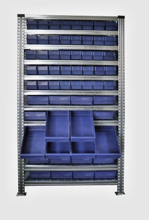 Bezśrubowy metalowy regał półkowy 1972 x 1124 x 510 mm ze skrzynkami 100 x 230 x 500 mm - 24 szt., 100 x 115 x 500 mm - 40 szt. - 2