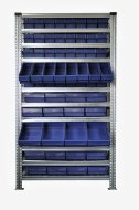 Bezśrubowy metalowy regał półkowy 1972 x 1124 x 510 mm ze skrzynkami 100 x 230 x 500 mm - 24 szt., 100 x 115 x 500 mm - 40 szt. - 3