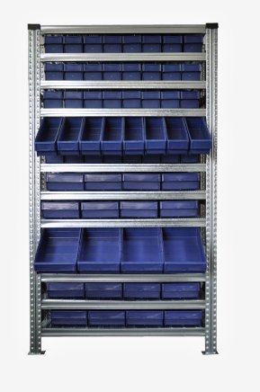Bezśrubowy regał metalowy półkowy 1972 x 1124 x 330 mm ze skrzynkami 100 x 230 mm - 24 szt., 100 x 115 mm - 40 szt. (różne warianty) - 3