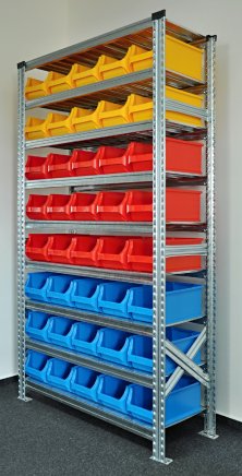 Bezśrubowy regał półkowy 1972 x 1124 x 410 mm z plastikowymi pojemnikami 877851017_VAR_7 - 1