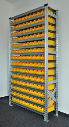 Bezśrubowy regał półkowy 1972 x 1124 x 330 mm z plastikowymi pojemnikami 877851019 (różne warianty) - 2