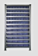 Bezśrubowy regał półkowy 1972 x 1124 x 410 mm ze skrzynkami 100 x 230 x 400 mm - 24 szt., 100 x 115 x 400 mm - 40 szt.