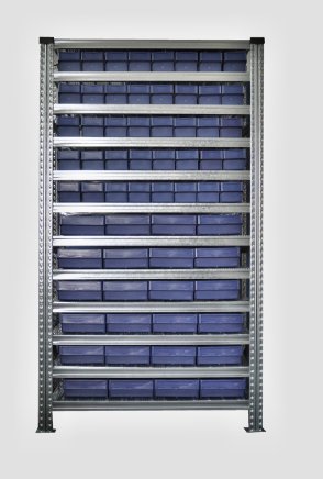 Bezśrubowy metalowy regał półkowy 1972 x 1124 x 510 mm ze skrzynkami 100 x 230 x 500 mm - 24 szt., 100 x 115 x 500 mm - 40 szt.