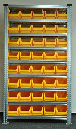 Bezśrubowy regał półkowy 1972 x 1124 x 410 mm z plastikowymi pojemnikami 877851017 (różne warianty)