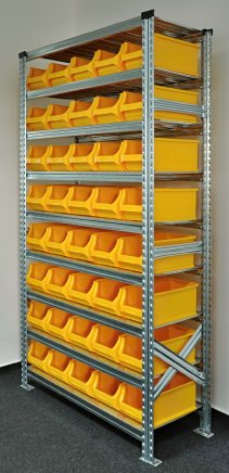 Bezśrubowy regał półkowy 1972 x 1124 x 410 mm z plastikowymi pojemnikami 877851017 (różne warianty) - 2