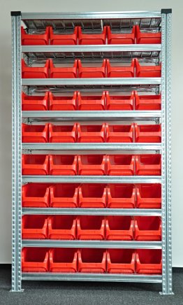 Bezśrubowy regał półkowy 1972 x 1124 x 410 mm z plastikowymi pojemnikami 877851017_VAR_3